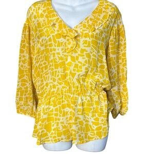 Anthropologie Girls From Savoy Silk Yellow Patterned‎ Peplum Blouse Size Medium